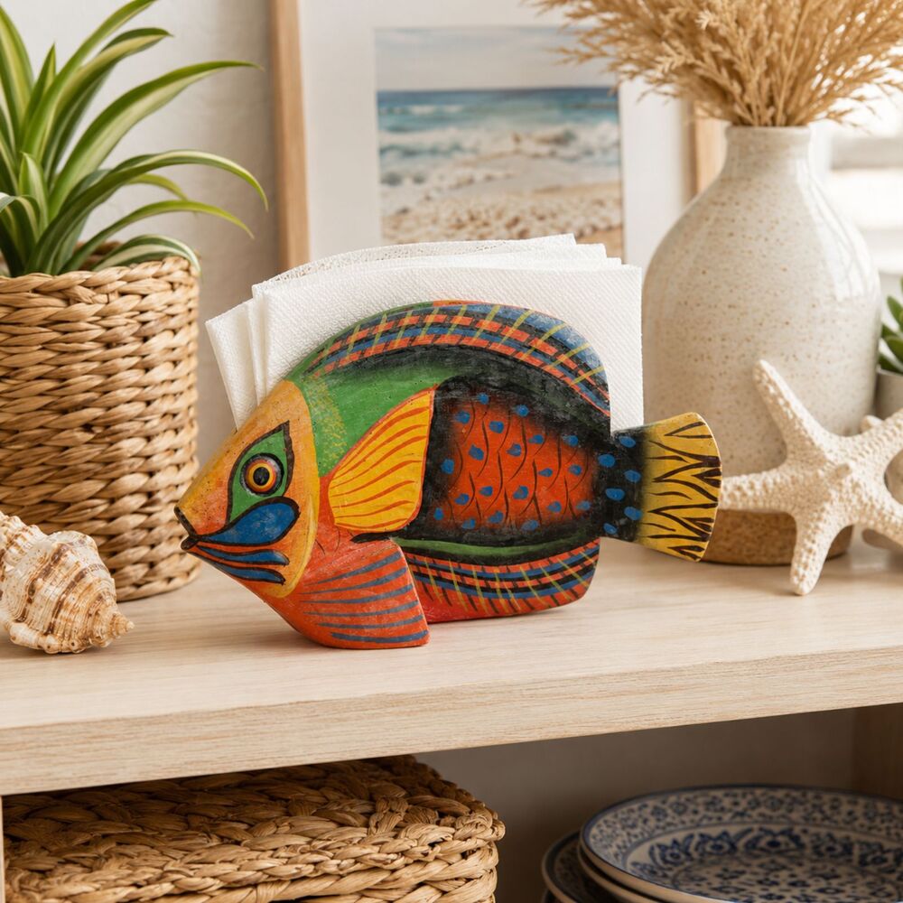 Vintage Wooden Fish Napkin Holder Colorful Coastal Boho Folk Art Caribbean Decor